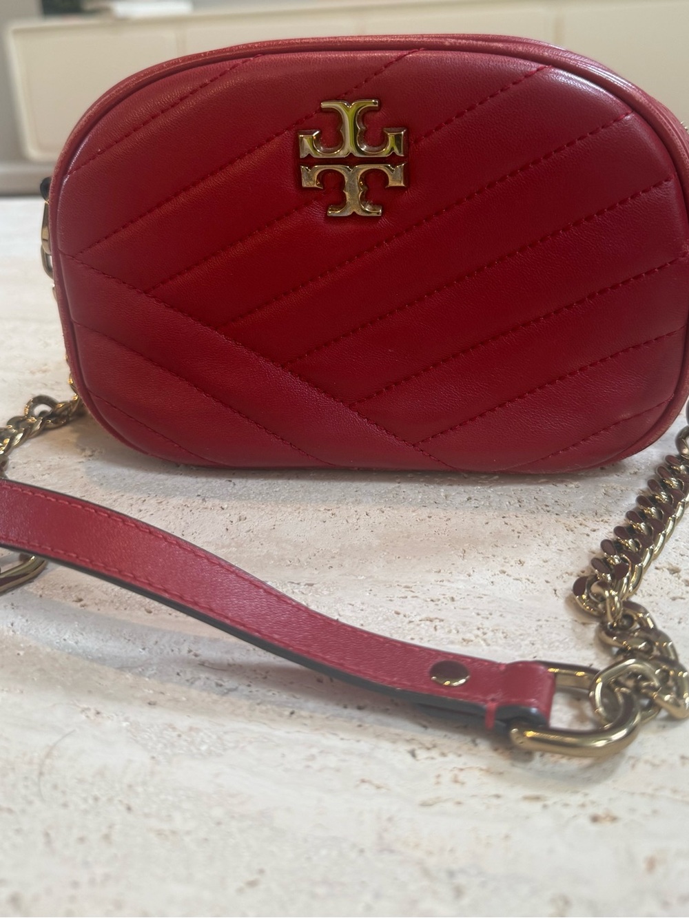 Tory Burch Red Quilted Leather Camera Crossbody with Gold Logo